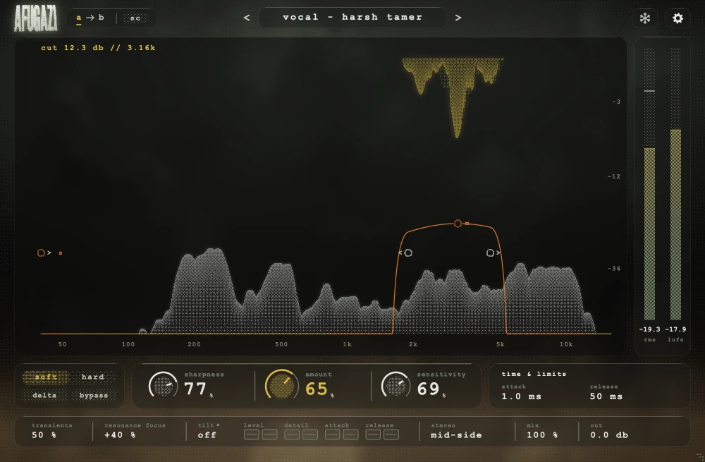 SUPPRESSOR, the real window, preset vocal - harsh tamer, on a voice made harsh with an eq